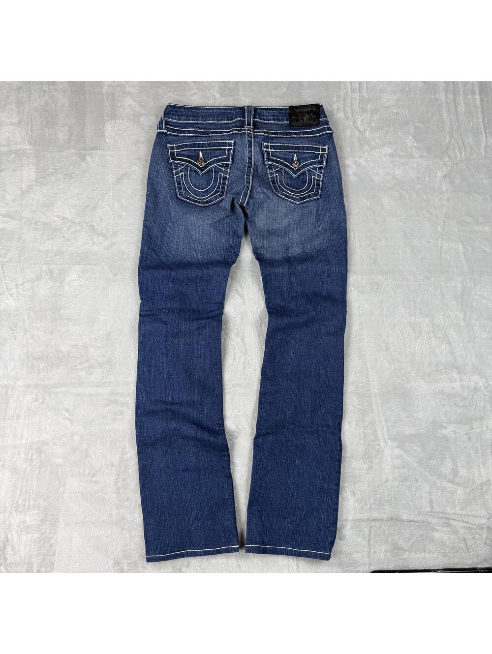 True Religion Blue Denim Jeans Women 28x31 USA Made Striaght Leg Y2K Rainstone